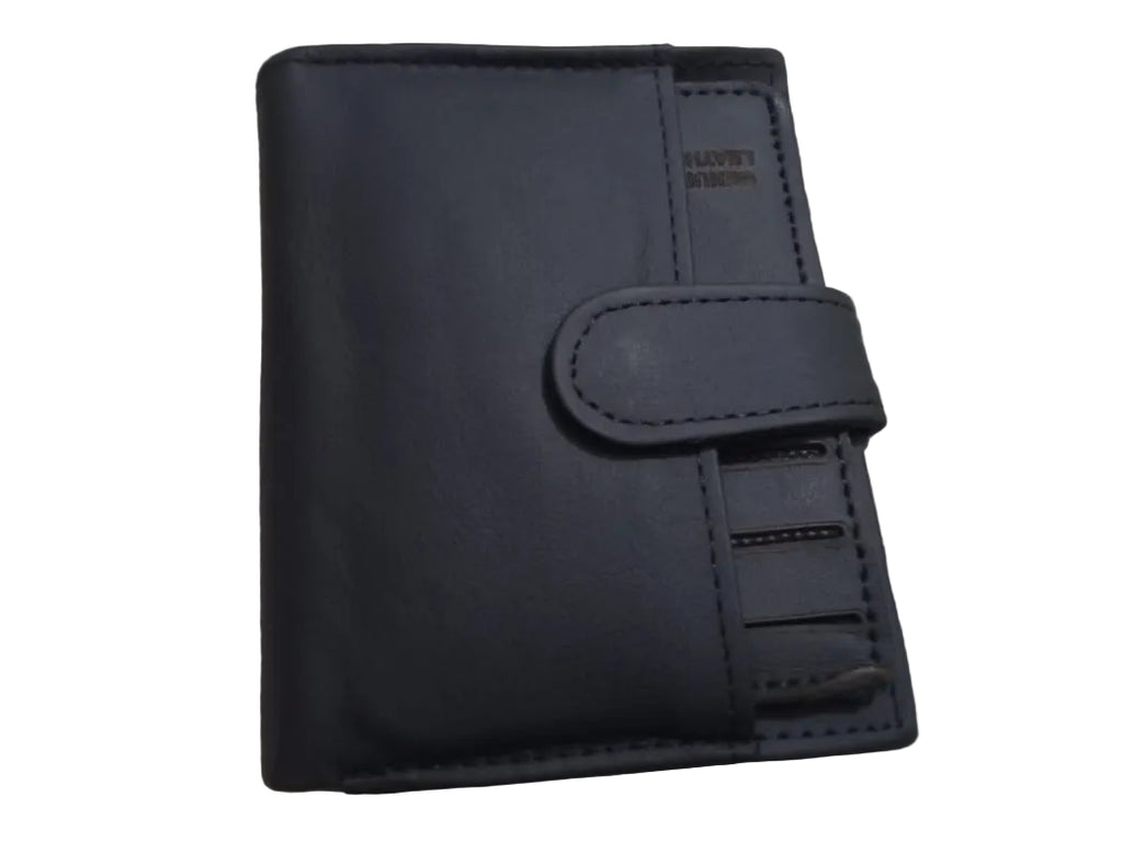 Black leather wallet with brand logo on a striped fabric background