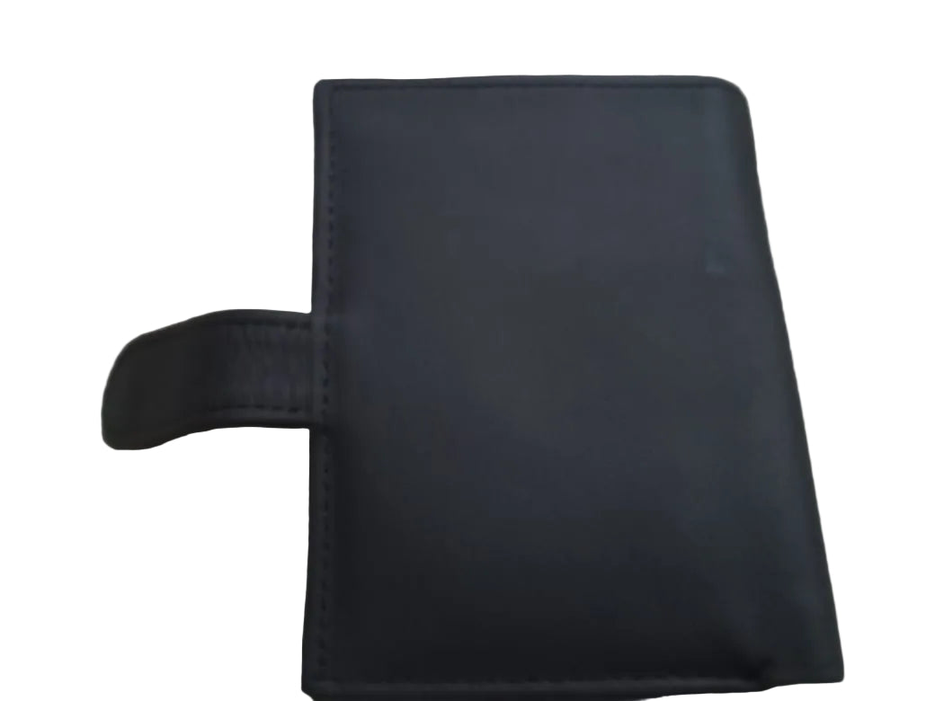 Black leather wallet on a textured surface