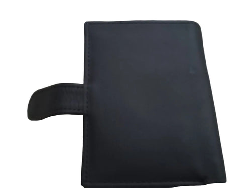 Black leather wallet on a textured surface