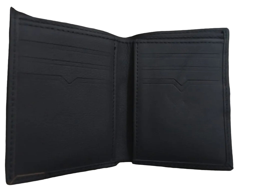 Black leather wallet on a striped fabric background