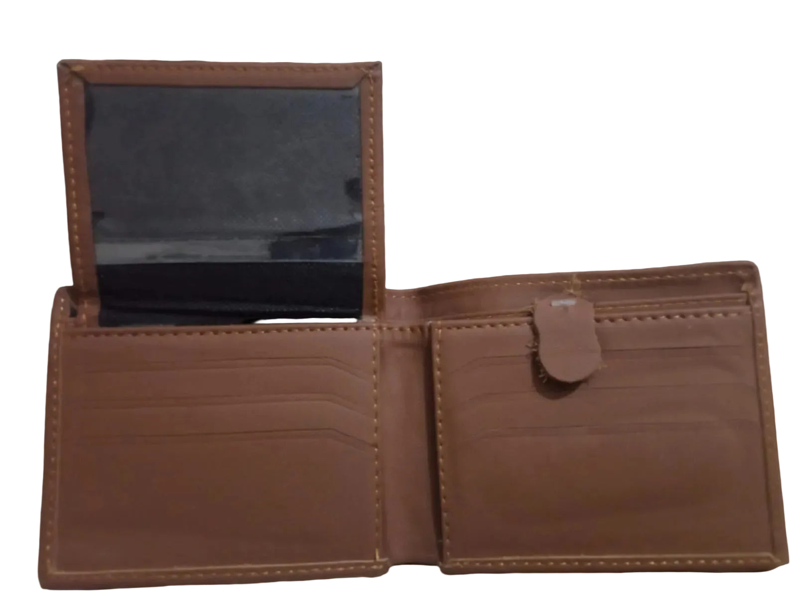 Brown leather wallet with a card holder on a black background