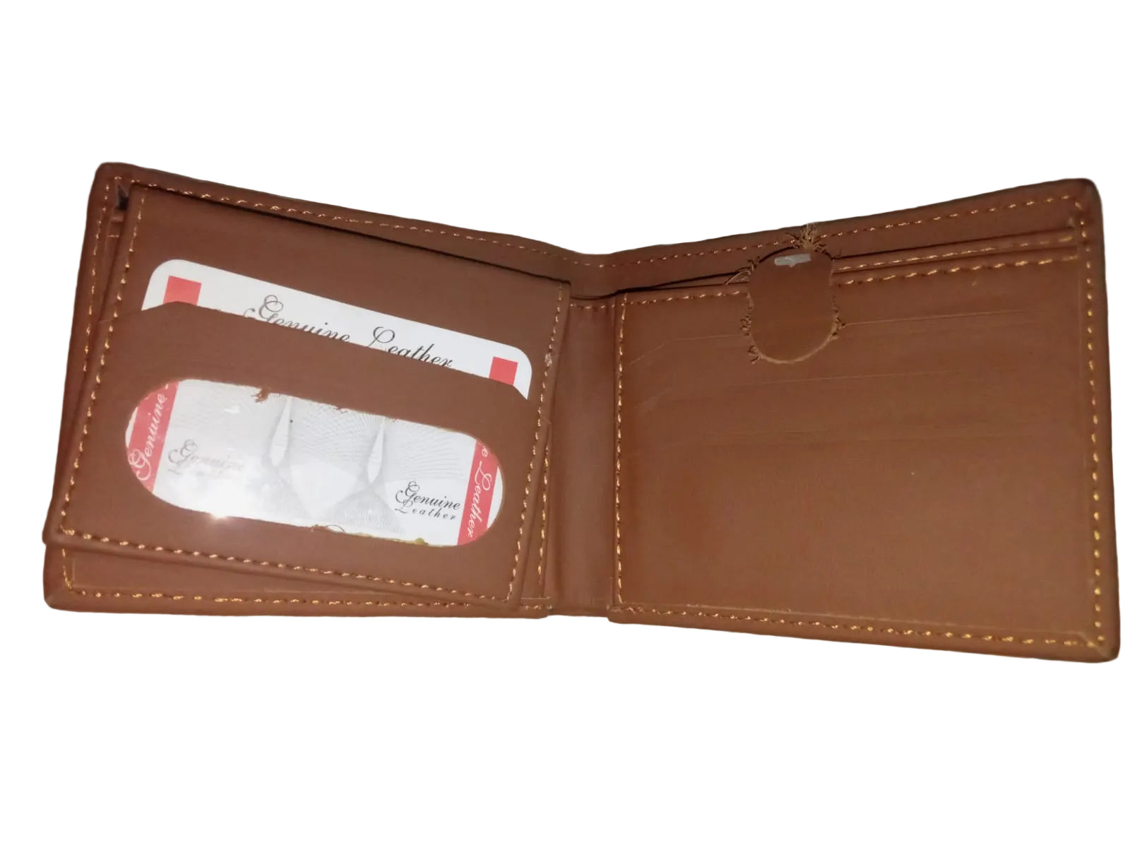 Brown leather wallet with visible brand name on a patterned surface