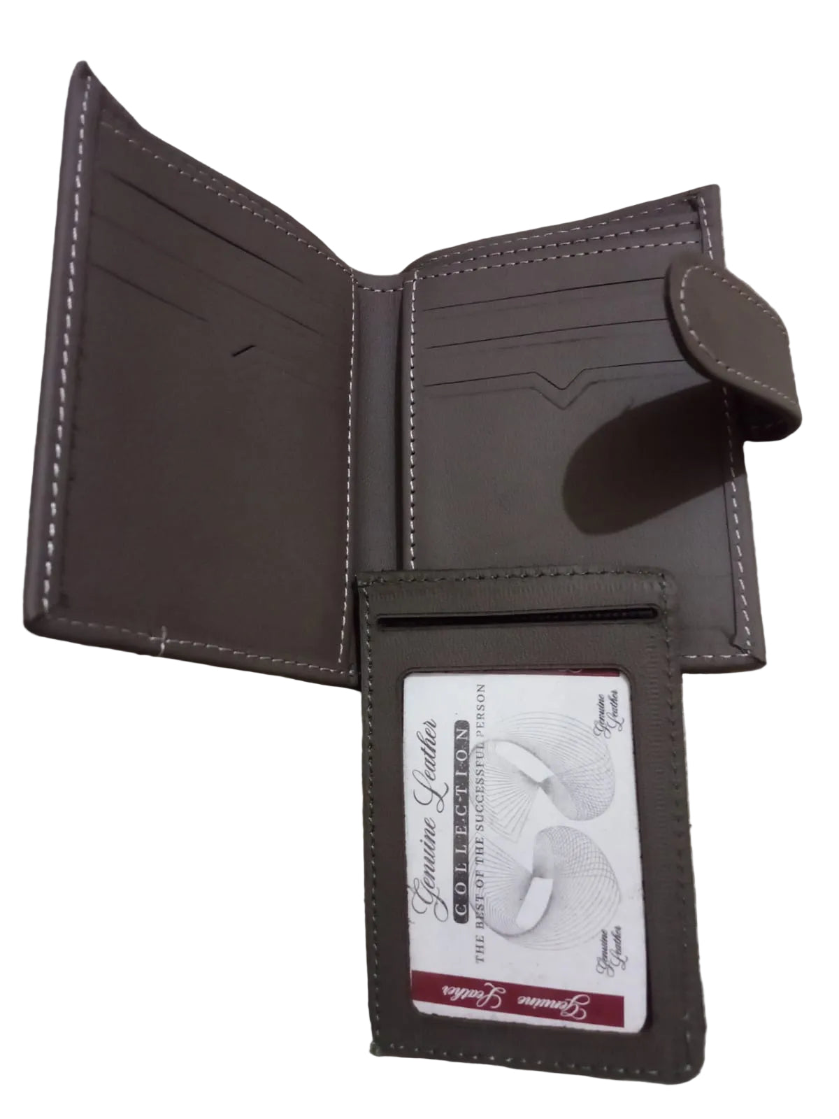 Brown leather wallet with a card inside on a textured surface